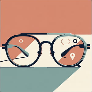 Illustration of smart glasses with subtle digital icons reflected in the lenses, set against bold flat color sections, representing the emergence of AI-powered eyewear as the next computing platform.