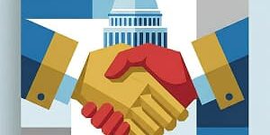 Illustration of two hands shaking in front of the white house, symbolic of the partnership between CGI and AWS.