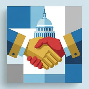 Illustration of two hands shaking in front of the white house, symbolic of the partnership between CGI and AWS.