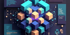 Illustration of an AI neural network core made of glowing interconnected geometric cubes and nodes in teal, cyan, purple, and amber tones. The design symbolizes advanced coding capabilities, self-verification, and enhanced vision on a dark navy background.