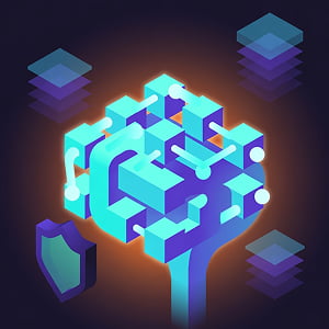 Illustration of a glowing AI neural core made of interconnected cyan and purple geometric cubes with protective shield elements, representing Claude Opus 4.7's advanced capabilities and cybersecurity safeguards on a dark background.