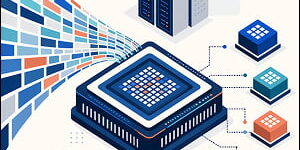 Illustration of an AI processor receiving streams of data blocks, with connected modular chips and server towers representing large language model computing.