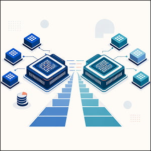 Illustration of two AI processors facing off across a race-like track, surrounded by smaller connected chips to represent a crowded and competitive AI market.