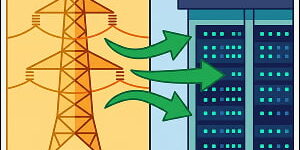Illustration of an electric transmission tower on the left and a data center building on the right, connected by curved green arrows in the center, symbolizing the dynamic energy exchange between power grids and AI data centers.