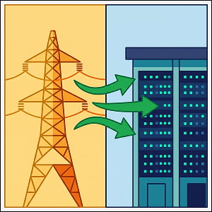Illustration of an electric transmission tower on the left and a data center building on the right, connected by curved green arrows in the center, symbolizing the dynamic energy exchange between power grids and AI data centers.