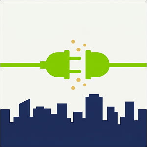 Illustration of a minimal city skyline with a data center, above which a green power plug and socket connect together with small gold circles radiating outward, symbolizing the unlocking of new energy capacity through data center and grid partnership.