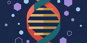 Illustration of a stylized DNA double helix with coral and teal ribbons connected by gold blocks, surrounded by simple geometric molecular shapes, set against a deep navy background.
