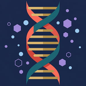 Illustration of a stylized DNA double helix with coral and teal ribbons connected by gold blocks, surrounded by simple geometric molecular shapes, set against a deep navy background.