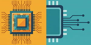 Illustration of two stylized AI processor chips side by side on contrasting warm amber and cool teal backgrounds, one representing computational power and the other representing speed and efficiency.