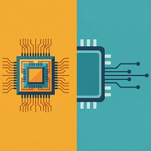 Illustration of two stylized AI processor chips side by side on contrasting warm amber and cool teal backgrounds, one representing computational power and the other representing speed and efficiency.