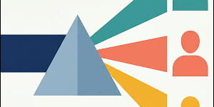 Illustration of a geometric prism splitting a single data beam into three personalized colored pathways, each reaching a different customer silhouette, representing AI-powered decisioning that turns unified data into individualized marketing actions.