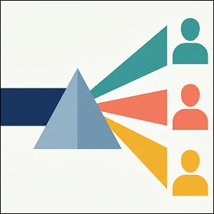 Illustration of a geometric prism splitting a single data beam into three personalized colored pathways, each reaching a different customer silhouette, representing AI-powered decisioning that turns unified data into individualized marketing actions.