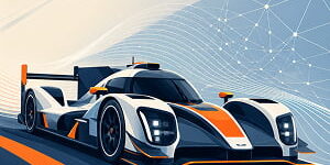 Illustration of a futuristic race car with aerodynamic airflow lines and a digital mesh network, representing AI-powered vehicle design simulation.