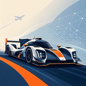 Illustration of a futuristic race car with aerodynamic airflow lines and a digital mesh network, representing AI-powered vehicle design simulation.