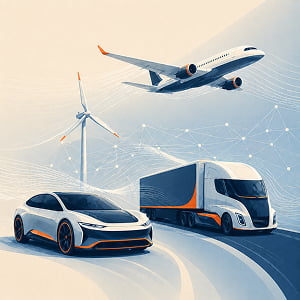 Illustration of a passenger car, freight truck, airplane, and wind turbine connected by airflow lines and a digital mesh, representing AI-driven aerodynamic design across transportation industries.
