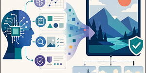 Illustration of an AI profile with a circuit-like brain feeding planning and review panels into a large framed landscape image, with matching thumbnail images and a shield icon to suggest verified, multi-step image generation.