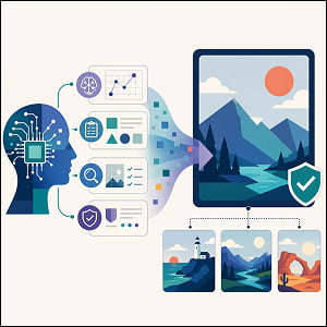 Illustration of an AI profile with a circuit-like brain feeding planning and review panels into a large framed landscape image, with matching thumbnail images and a shield icon to suggest verified, multi-step image generation.