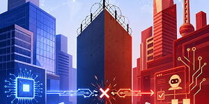 Illustration of two futuristic AI cities separated by a fortified wall, with robotic hands and glowing data lines blocked at the center.