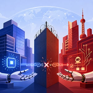 Illustration of two futuristic AI cities separated by a fortified wall, with robotic hands and glowing data lines blocked at the center.