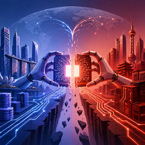 Illustration of a glowing AI chip being split apart between blue and red tech cities, symbolizing a divided global AI industry.