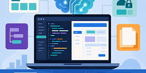 Illustration of an AI brain connected to a laptop showing code and interface panels, with surrounding icons for security, permissions, documentation, UI components, and migration.