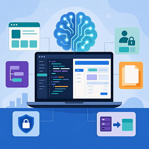 Illustration of an AI brain connected to a laptop showing code and interface panels, with surrounding icons for security, permissions, documentation, UI components, and migration.