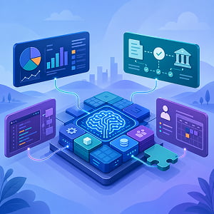 Illustration of an AI-powered enterprise platform hub with modular app tiles connected to panels for analytics, finance workflows, developer customization, and business planning.