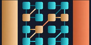 Illustration depicting a stylized quantum processor as a grid of teal and orange squares at the center, surrounded by asymmetric geometric blocks in teal, coral, amber, and navy, representing the convergence of artificial intelligence and quantum computing.