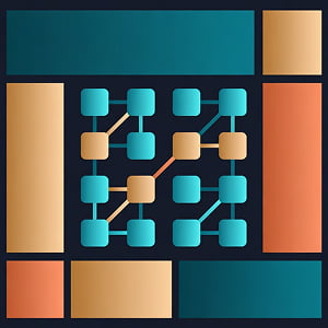 Illustration depicting a stylized quantum processor as a grid of teal and orange squares at the center, surrounded by asymmetric geometric blocks in teal, coral, amber, and navy, representing the convergence of artificial intelligence and quantum computing.
