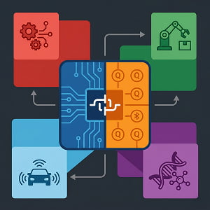 Illustration on a dark background showing a central square chip divided into two halves: a blue classical circuit board and an orange quantum circuit. Arrows point outward from the center to four surrounding blocks: a red block with gears, a green block with a robotic arm, a purple block with a DNA strand, and a light blue block with a self-driving car.