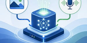 Illustration of a central AI processor connecting image, audio, and text icons into one unified multimodal system.