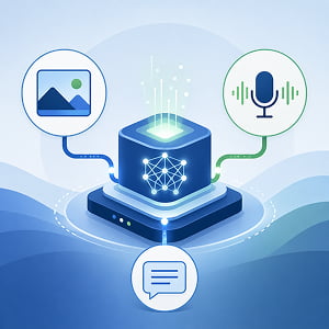 Illustration of a central AI processor connecting image, audio, and text icons into one unified multimodal system.