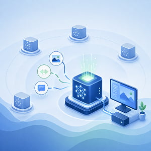 Illustration of a central AI model connecting multimodal inputs to a local workstation while surrounded by competing AI model nodes.