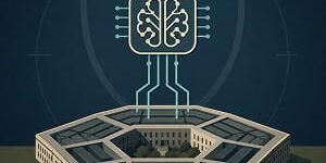 Illustration of an AI brain-chip connected to a Pentagon-like building, symbolizing military use of artificial intelligence.