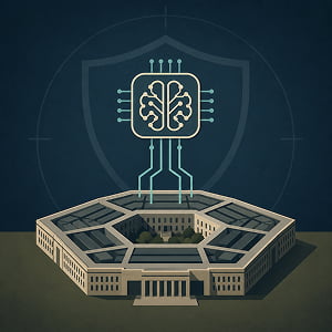 Illustration of an AI brain-chip connected to a Pentagon-like building, symbolizing military use of artificial intelligence.