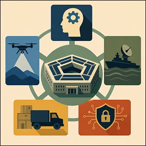 Illustration of a Pentagon-like building connected to panels showing AI, surveillance, naval defense, logistics, and cybersecurity.