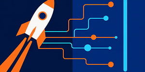 Illustration of a stylized rocket and a code cursor connected by geometric circuit pathways, representing the intersection of aerospace and AI-powered software development.