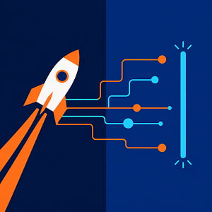 Illustration of a stylized rocket and a code cursor connected by geometric circuit pathways, representing the intersection of aerospace and AI-powered software development.