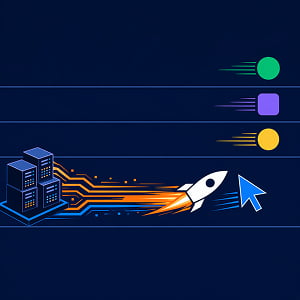 Illustration of a rocket and computer cursor accelerating from a bank of servers toward three leaders on parallel lanes, symbolizing the race to catch up in AI coding.