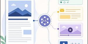 Illustration of a large long-form content page connected through an AI hub to four repurposed assets: a social post, email, video, and audio card on a light background.