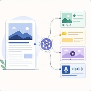 Illustration of a large long-form content page connected through an AI hub to four repurposed assets: a social post, email, video, and audio card on a light background.