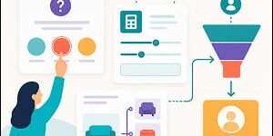 Illustration of an AI-powered interactive content workflow showing quiz, calculator, product configurator, marketing funnel, and lead result card.