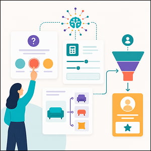 Illustration of an AI-powered interactive content workflow showing quiz, calculator, product configurator, marketing funnel, and lead result card.