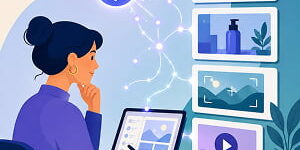 AI-assisted video planning scene showing a marketer using a tablet as storyboard panels and connected AI nodes organize video concepts into visual frames.