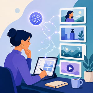 AI-assisted video planning scene showing a marketer using a tablet as storyboard panels and connected AI nodes organize video concepts into visual frames.