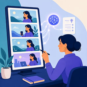 Marketer reviewing AI-generated storyboard panels that show a consistent character across multiple scenes, with an AI node connecting a script brief to the visual sequence.