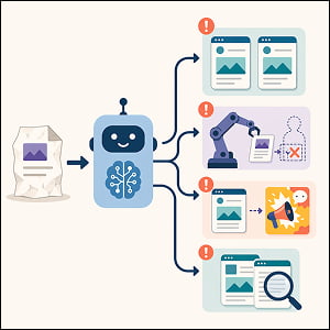 Illustration of a weak source document feeding into an AI content workflow that branches into common repurposing mistakes: duplicated posts across platforms, skipped human review, off-brand messaging, and competing SEO pages.