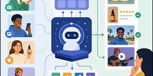 Illustration of AI-powered user-generated content curation, showing customer photos, videos, and product posts flowing into an AI system that filters and approves selected content for a marketer to review.