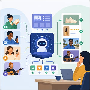 Illustration of AI-powered user-generated content curation, showing customer photos, videos, and product posts flowing into an AI system that filters and approves selected content for a marketer to review.