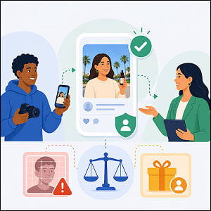Illustration of a user-generated content rights review process, showing a creator submitting branded content, an approved post with permission and verification symbols, flagged suspicious content, a legal balance scale, and a marketer receiving only cleared content.
